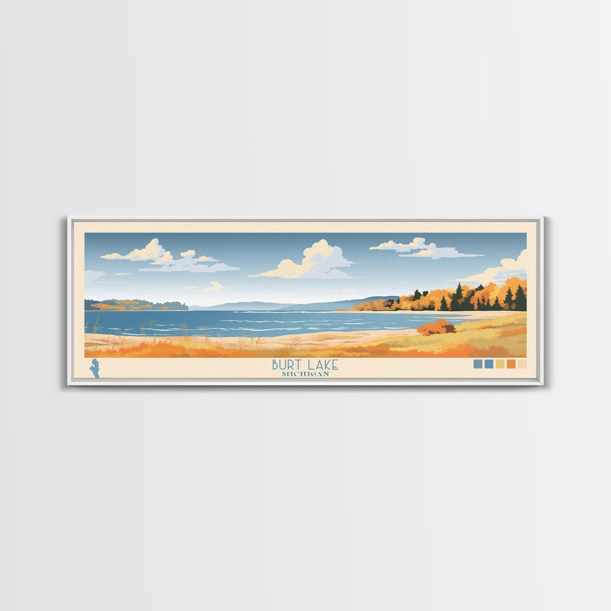 Burt Lake Michigan Framed Canvas Print, Pop Art Panoramic Travel Poster, Midcentury Modern, Wall Art, Scenic Nature Painting, Bedroom Decor