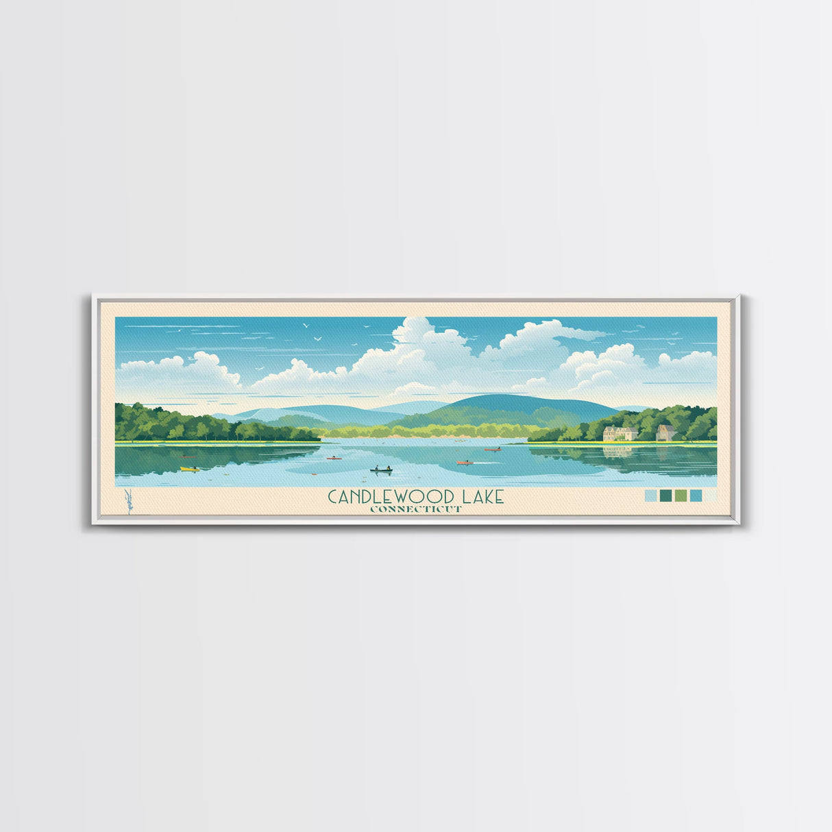 Candlewood Lake Connecticut Framed Canvas Print, Pop Art Panoramic Travel Poster, Midcentury Modern, Wall Art, Scenic Nature Painting, Bedroom Decor