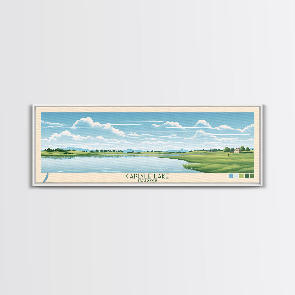 Carter Lake Nebraska Framed Canvas Print, Midcentury Modern Panoramic Wall Art, Living Room Decor, Pop Art, Travel Poster Art, Scenic Nature Painting, Lake House Decor