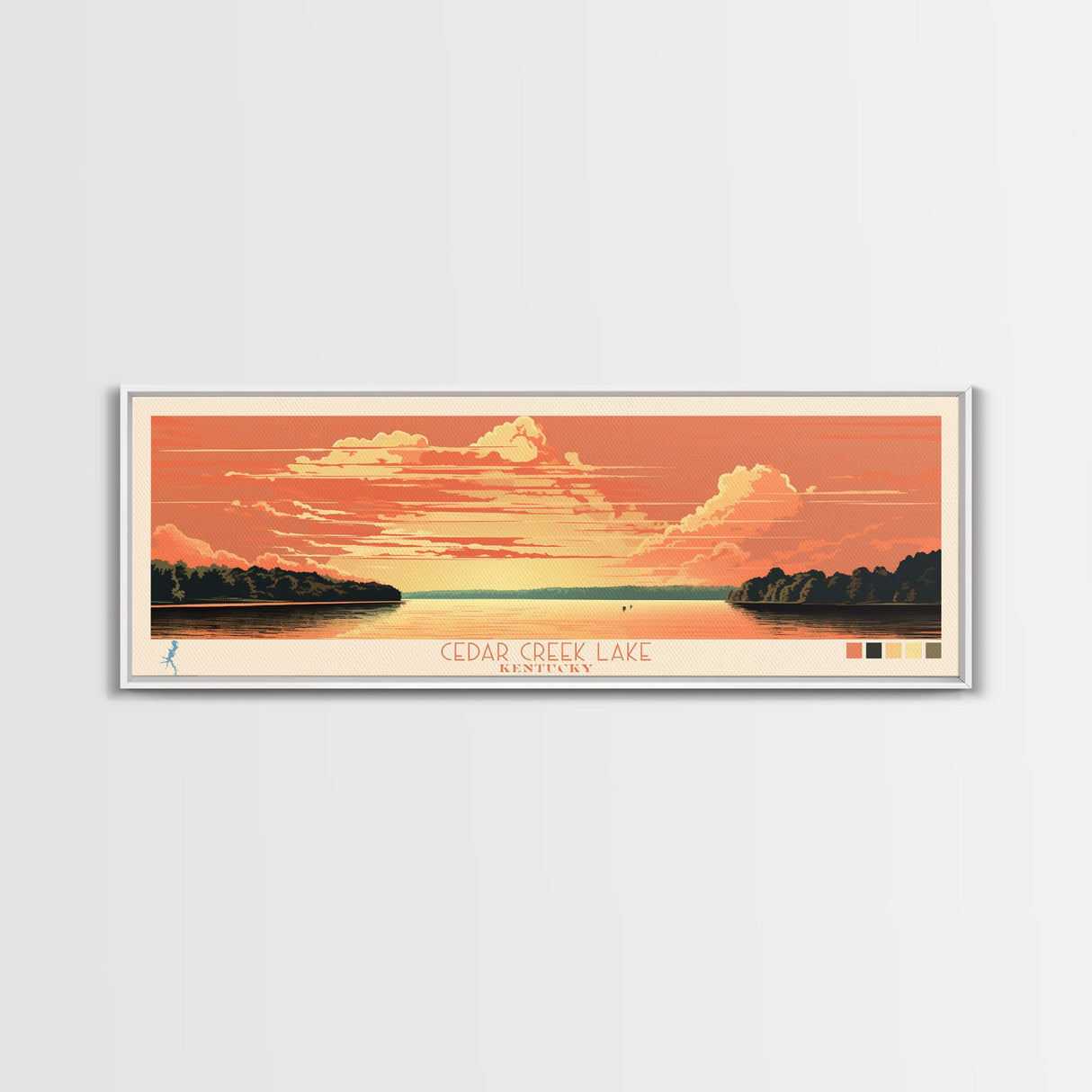 Cedar Creek Lake Kentucky Framed Canvas Print, Midcentury Modern Panoramic Wall Art, Living Room Decor, Pop Art, Travel Poster Art, Scenic Nature Painting, Lake House Decor