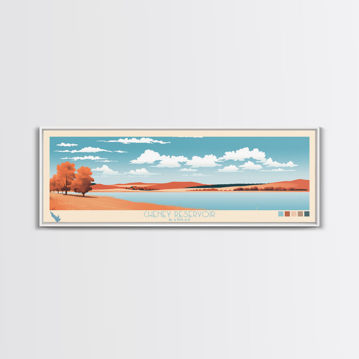 Cheney Reservoir Kansas Framed Canvas Print, Midcentury Modern Panoramic Wall Art, Living Room Decor, Pop Art, Travel Poster Art, Scenic Nature Painting, Lake House Decor