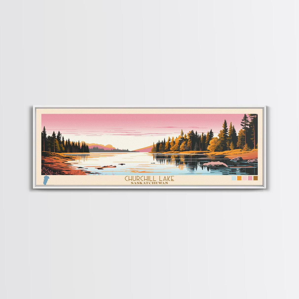 Churchill Lake Saskatchewan Framed Canvas Print, Midcentury Modern Panoramic Wall Art, Living Room Decor, Pop Art, Travel Poster Art, Scenic Nature Painting, Lake House Decor