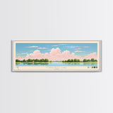 Coralville Lake Iowa Framed Canvas Print, Midcentury Modern Panoramic Wall Art, Living Room Decor, Pop Art, Travel Poster Art, Scenic Nature Painting, Lake House Decor