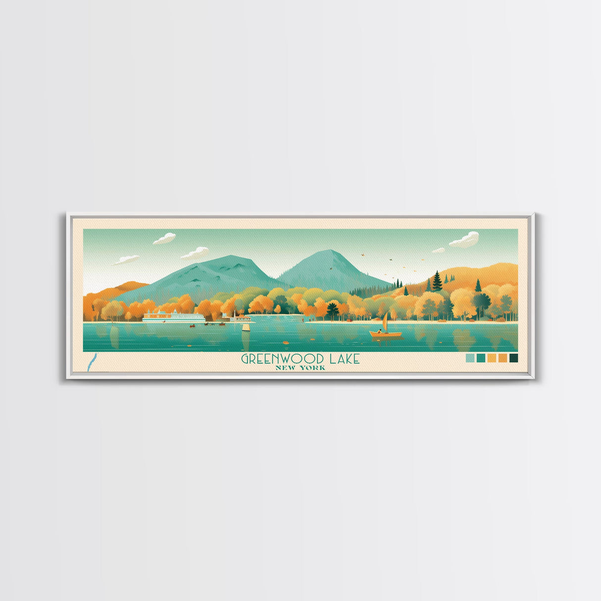 Greenwood Lake New York Framed Canvas Print, Panoramic Art, Midcentury Modern, Pop Art, Bedroom Decor, Travel Poster, Lake House Decor