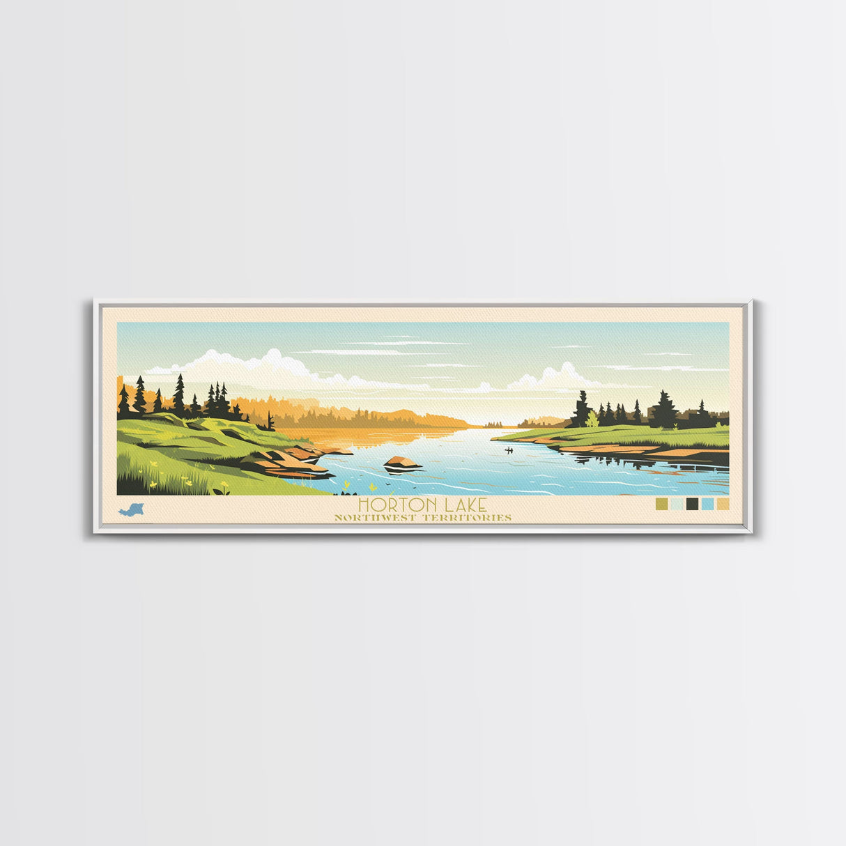 Horton Lake Northwest Territories Framed Canvas Print, Panoramic Art, Midcentury Modern, Pop Art, Living Room Decor, Travel Poster, Lake House Decor