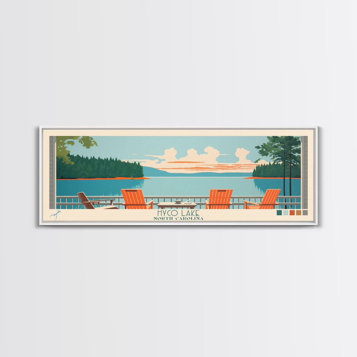 Hyco Lake North Carolina Framed Canvas Print, Panoramic Art, Midcentury Modern, Pop Art, Living Room Wall Art, Travel Poster, Lake House Art