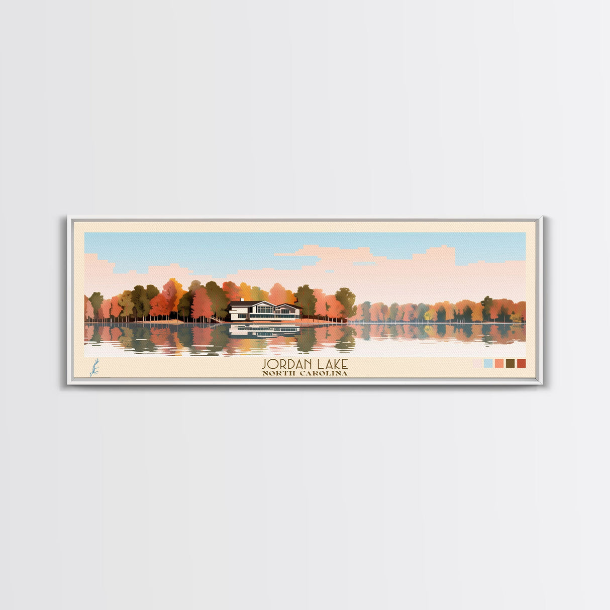 Jordan Lake North Carolina Framed Canvas Print, Panoramic Art, Midcentury Modern, Pop Art, Lake House Decor, Travel Poster, Living Room Art