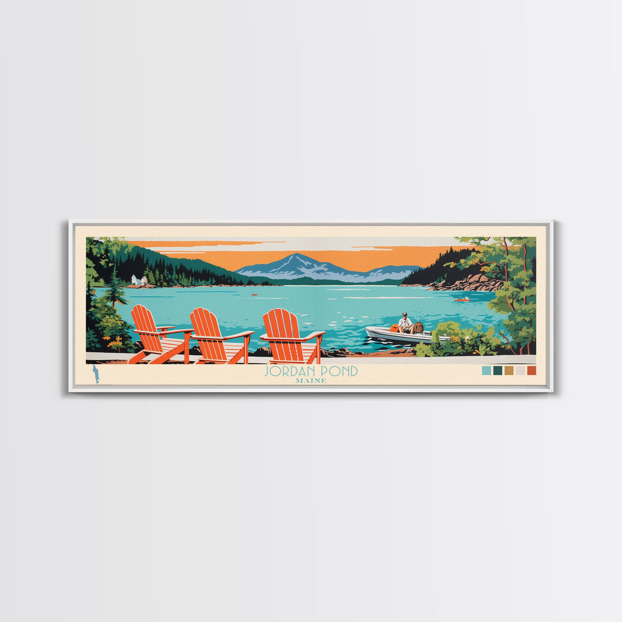 Jordan Pond Maine Framed Canvas Print, Panoramic Wall Art, Midcentury Modern, Pop Art, Bedroom Decor, Travel Poster, Artistic Home Decor