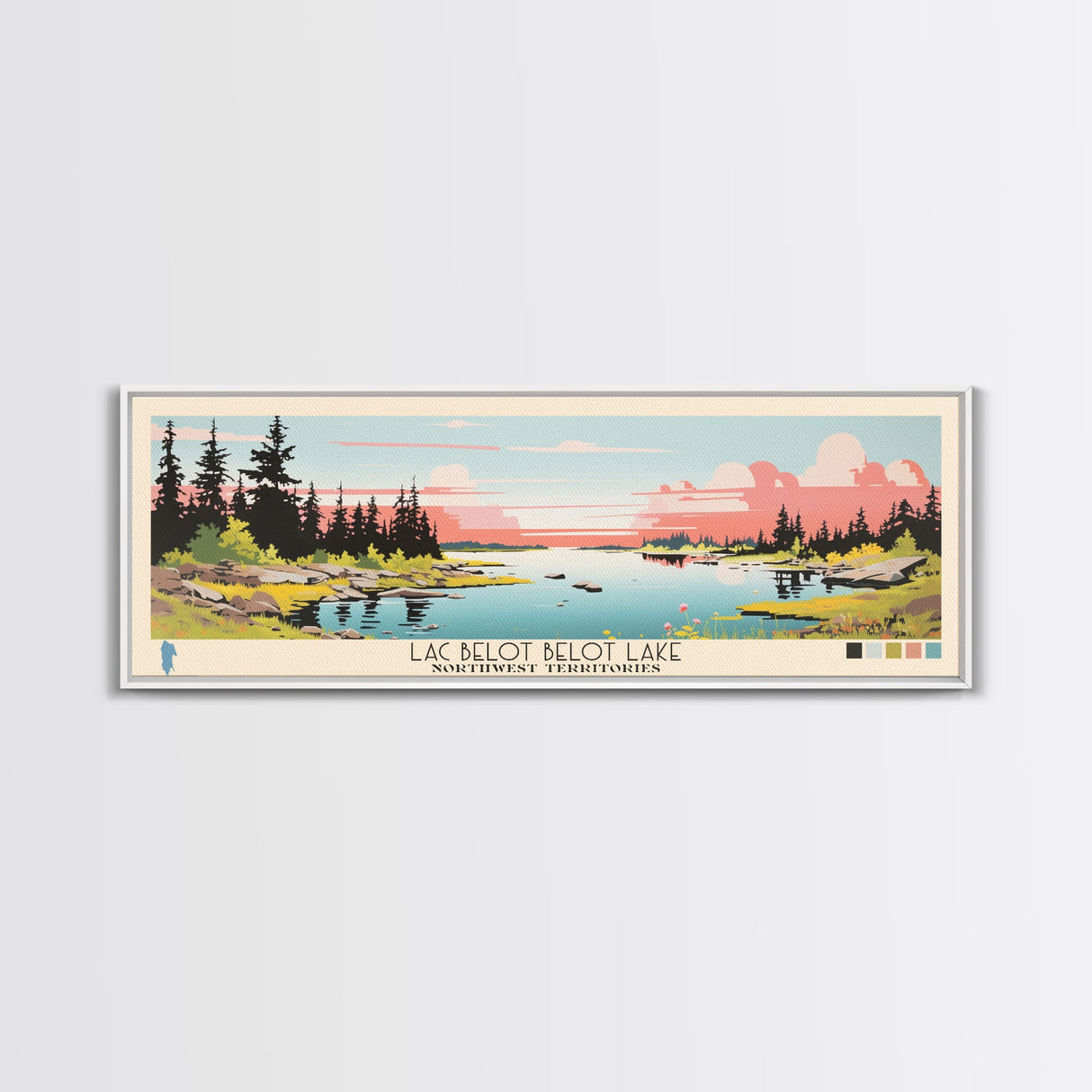 Lac Belot Northwest Territories Framed Canvas Print, Panoramic Wall Art, Midcentury Modern, Pop Art, Lake House Art, Travel Poster, Living Room Decor
