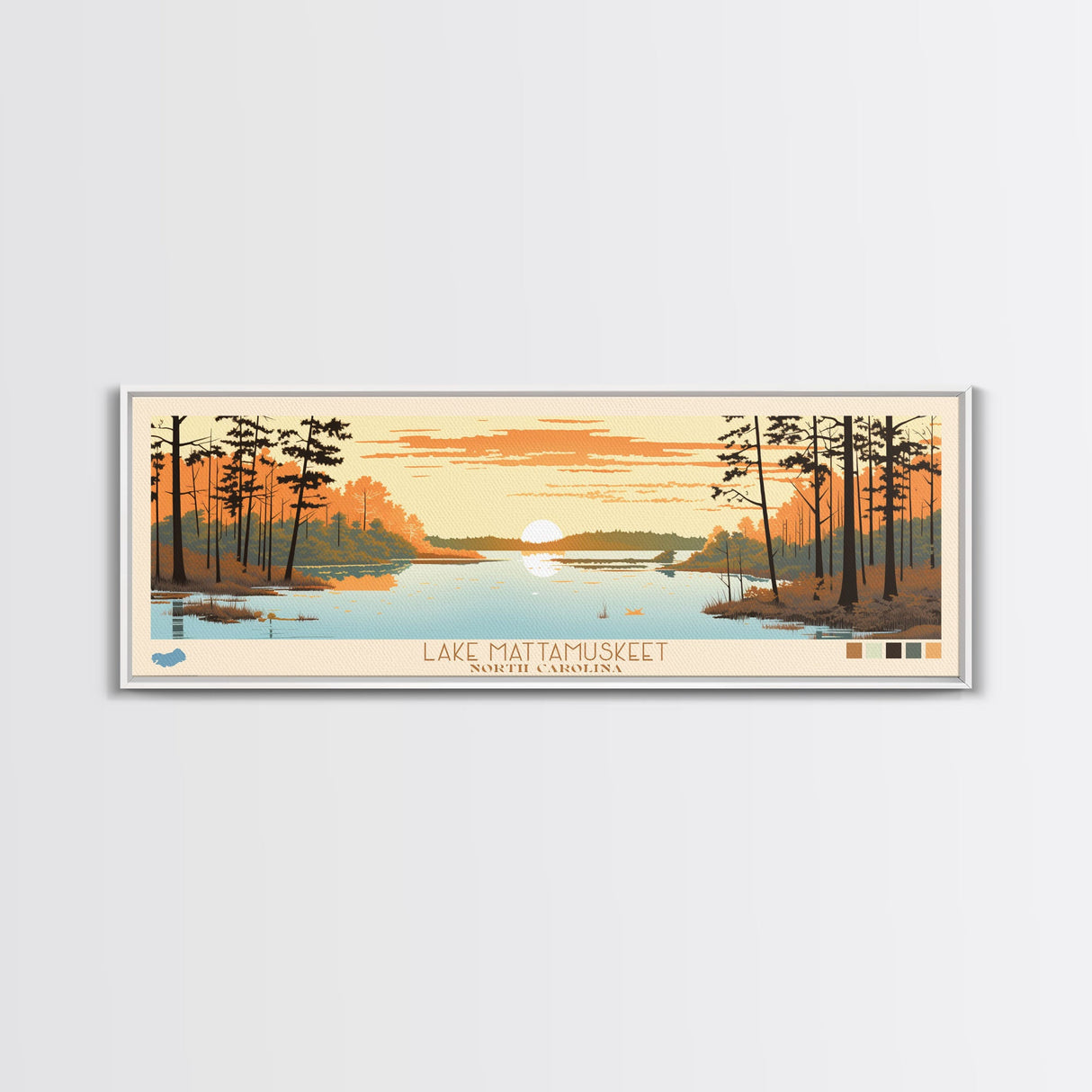 Lake Mattamuskeet North Carolina Framed Canvas Print, Panoramic Wall Art, Midcentury Modern, Pop Art, Bedroom Art, Travel Poster, Lake House Decor
