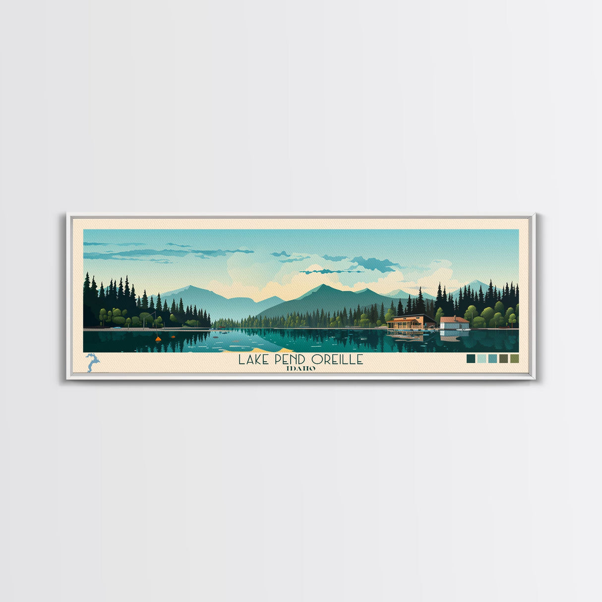 Lake Pend Oreille Idaho Framed Canvas Print, Panoramic Wall Art, Midcentury Modern, Pop Art, Living Room Decor, Travel Poster, Lake House Art