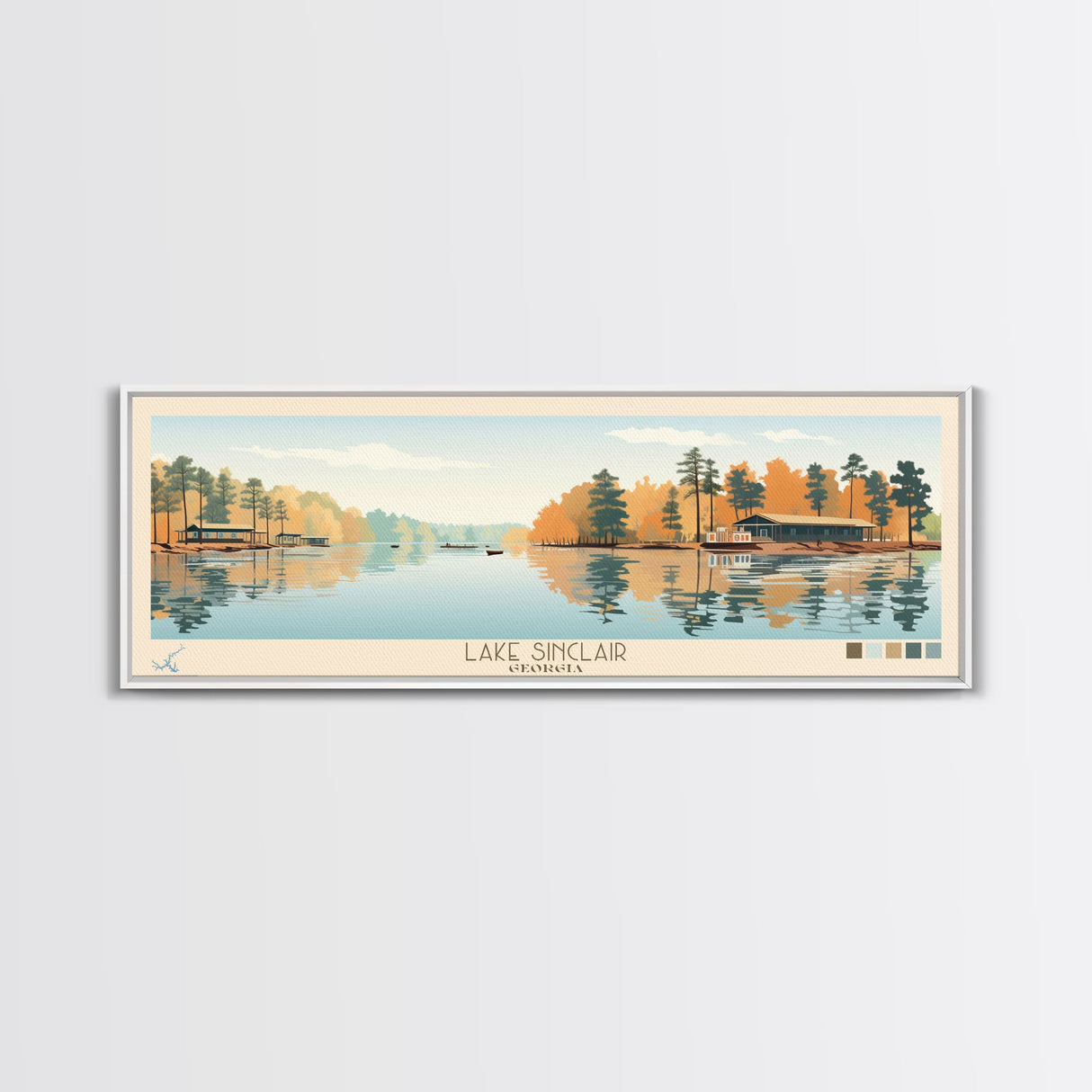 Lake Sinclair Georgia Framed Canvas Print, Panoramic Wall Art, Midcentury Modern, Pop Art, Living Room Decor, Travel Poster, Lake House Art