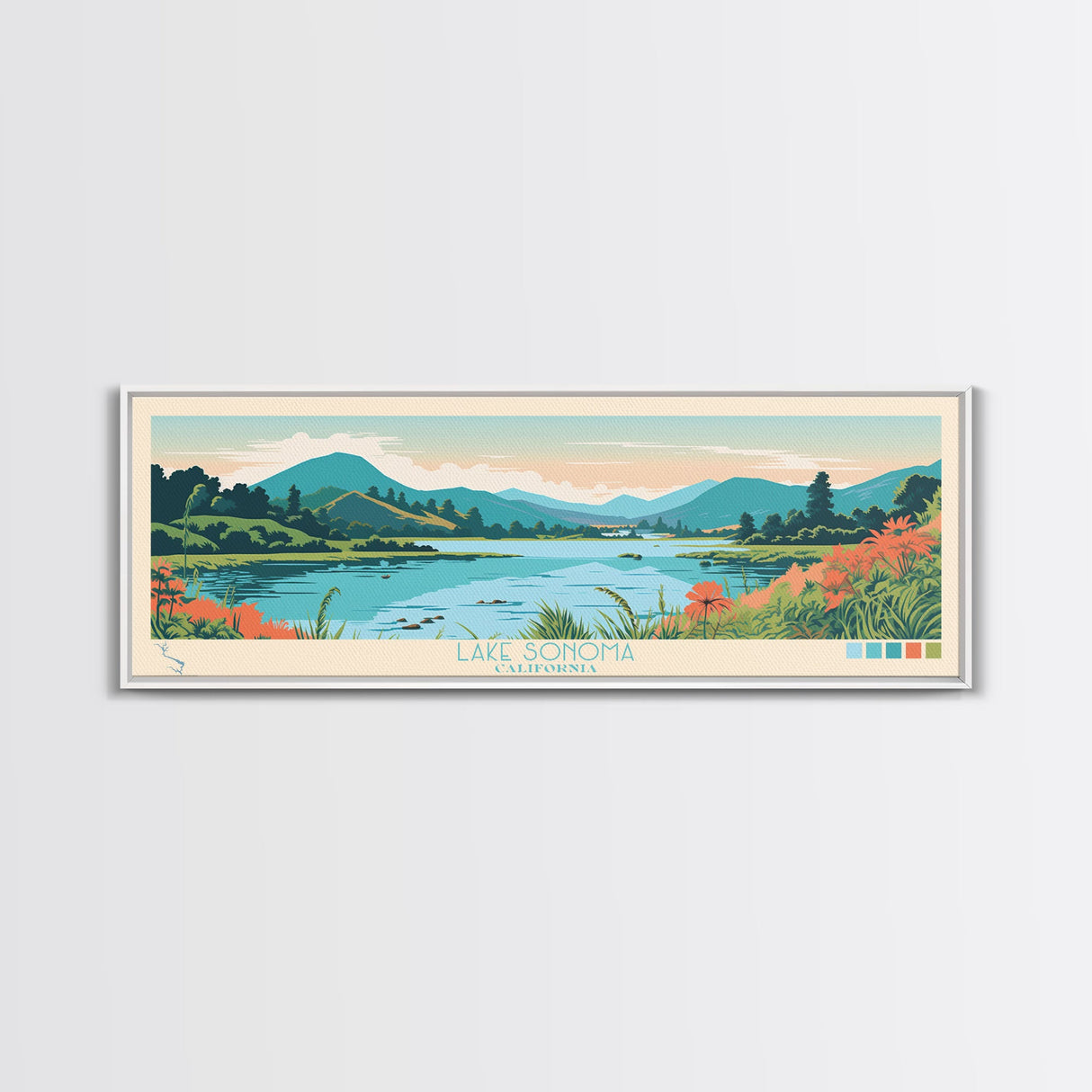 Lake Sonoma California Framed Canvas Print, Panoramic Wall Art, Midcentury Modern, Pop Art, Living Room Decor, Travel Poster, Lake House Art