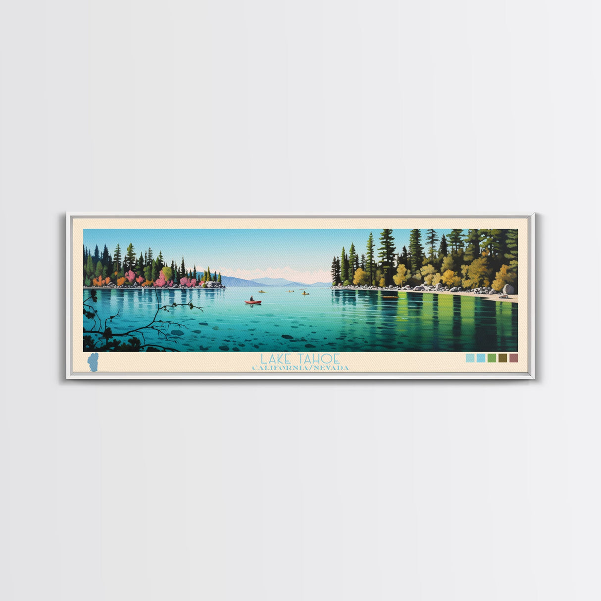 Lake Tahoe CaliforniaNevada Framed Canvas Print, Panoramic Wall Art, Midcentury Modern, Pop Art, Bedroom Art, Travel Poster, Lake House Decor