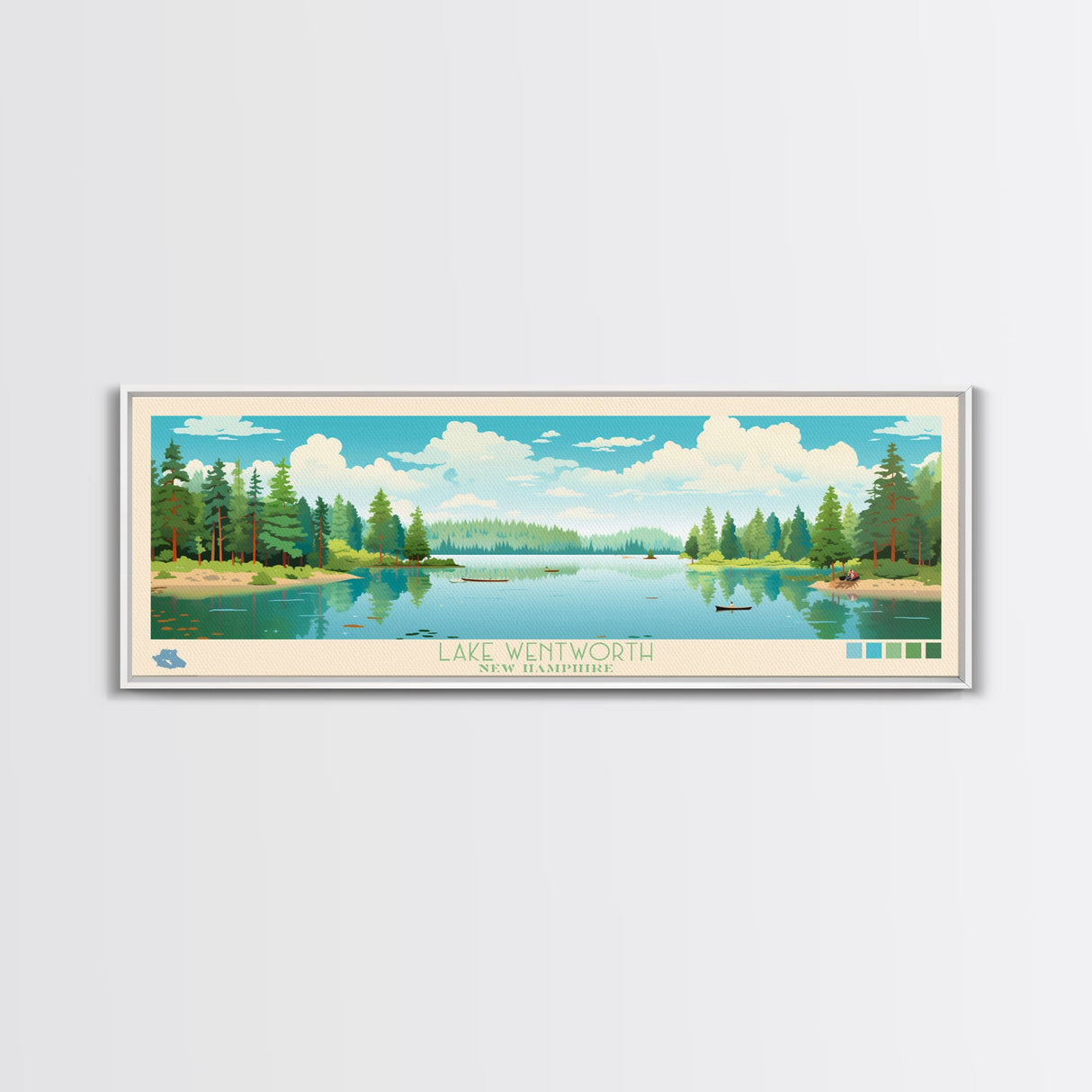 Lake Wentworth, New Hampshire Panoramic Wall Art Framed Canvas Print, Midcentury Modern, Pop Art, Home Decor, Travel Poster, Living Room Art