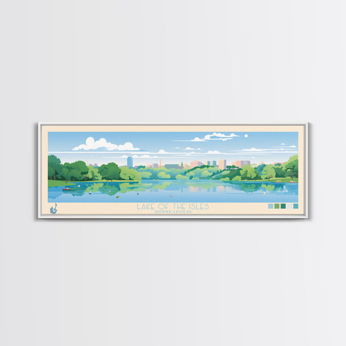 Lake of the Isles Minneapolis Framed Canvas Print, Panoramic Wall Art, Midcentury Modern, Pop Art, Living Room Decor, Travel Poster, Lake House Art