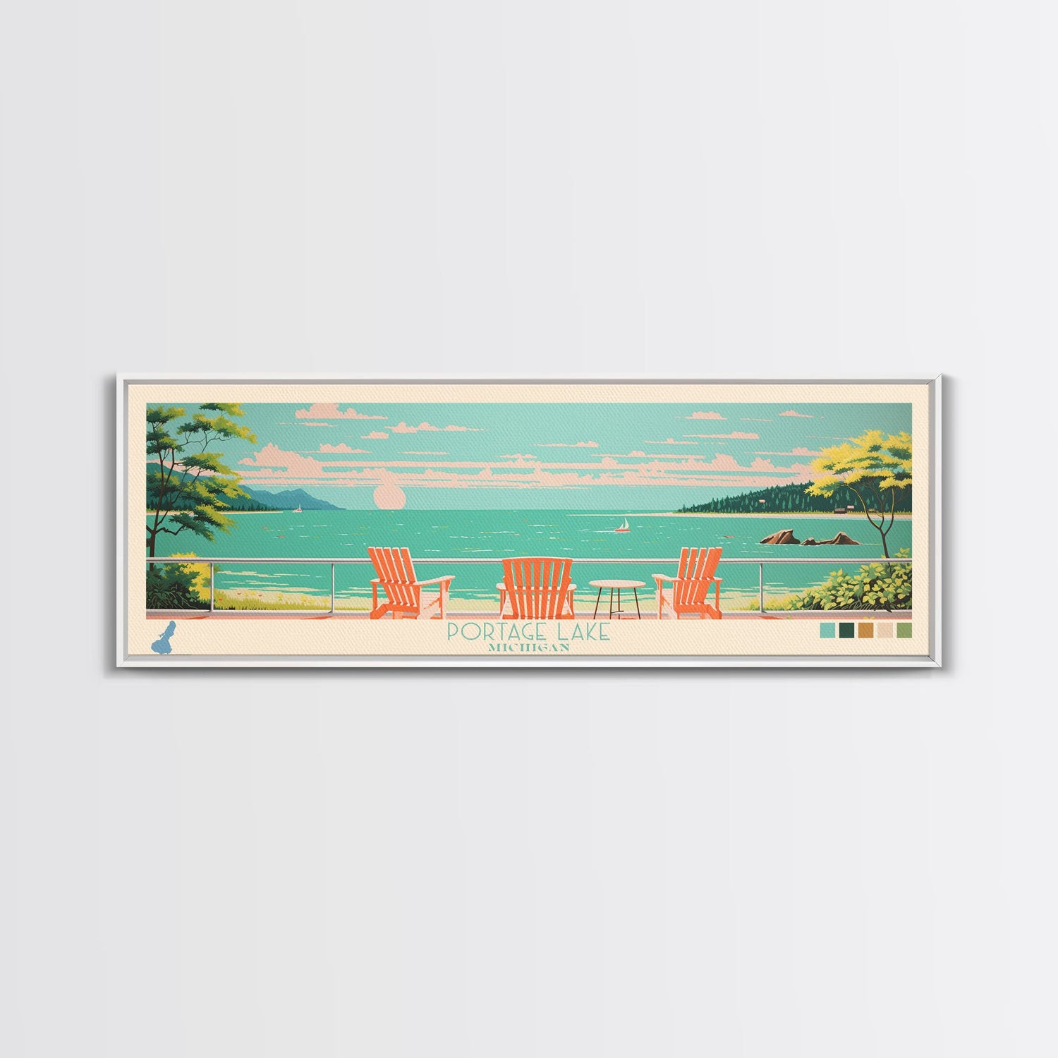 Portage Lake, Michigan Framed Canvas Print, Bedroom Art, Midcentury Modern, Pop Art, Panoramic Wall Art, Travel Poster