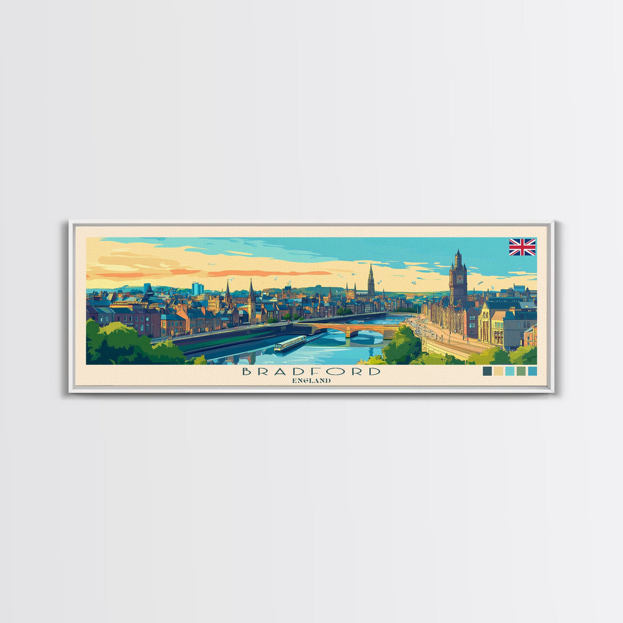 Bradford, England Panoramic Travel Poster Canvas Print, Bradford, England Painting, England Art, Bradford Travel Art, Guest Room Painting