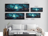 The mycelium Networrk, Fantasy Art, Framed Canvas Print, Bioluminescent Fantasy Forest At Night, Blue Glowing Ambience Art