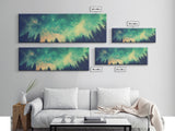 Green Night Sky Watercolor Art Print, Forest Canvas Art, Dark Forest Art, Starry Night Sky, Galaxy Art, Panoramic, Wall Art, Canvas Print