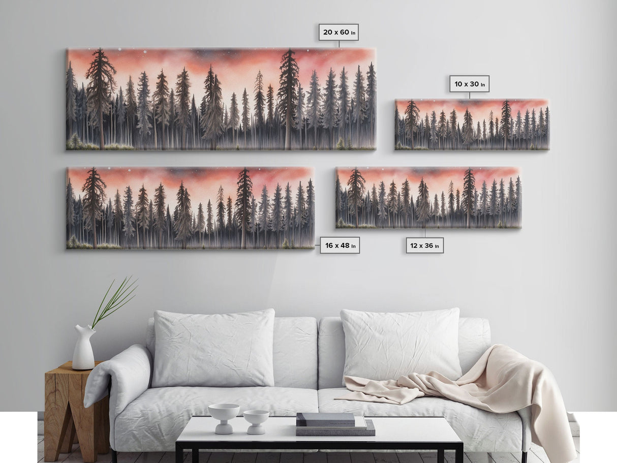 Woods Wall Art, Forest Art Print, Pink Sky, Pine Trees, Framed Canvas Print, Colored Pencil Art, Panoramic, Wall Art, Canvas Print