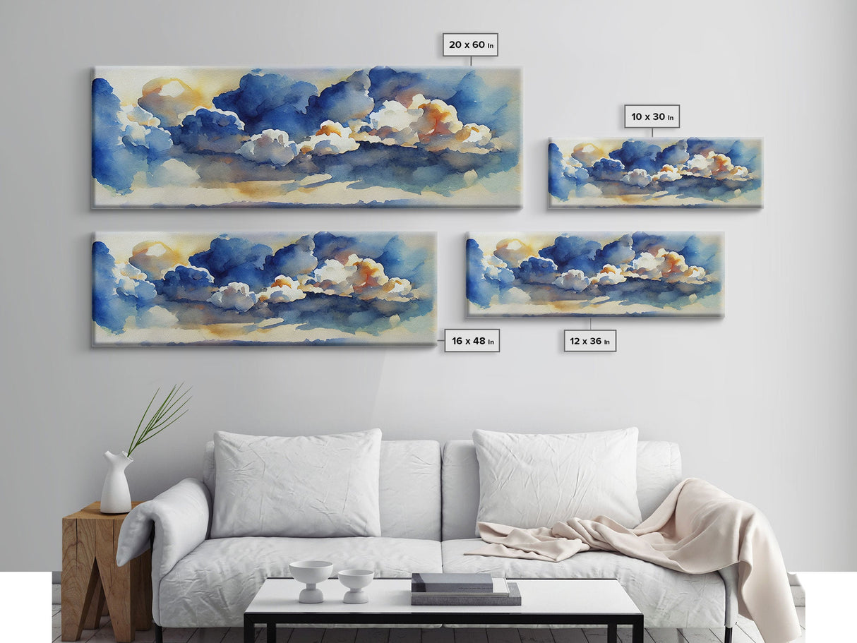 Whimsical Clouds Wall Decor, Ready To Hang Canvas Print, Panoramic, Clouds and Blue Sky, Guest Room Art, Minimalist Decor