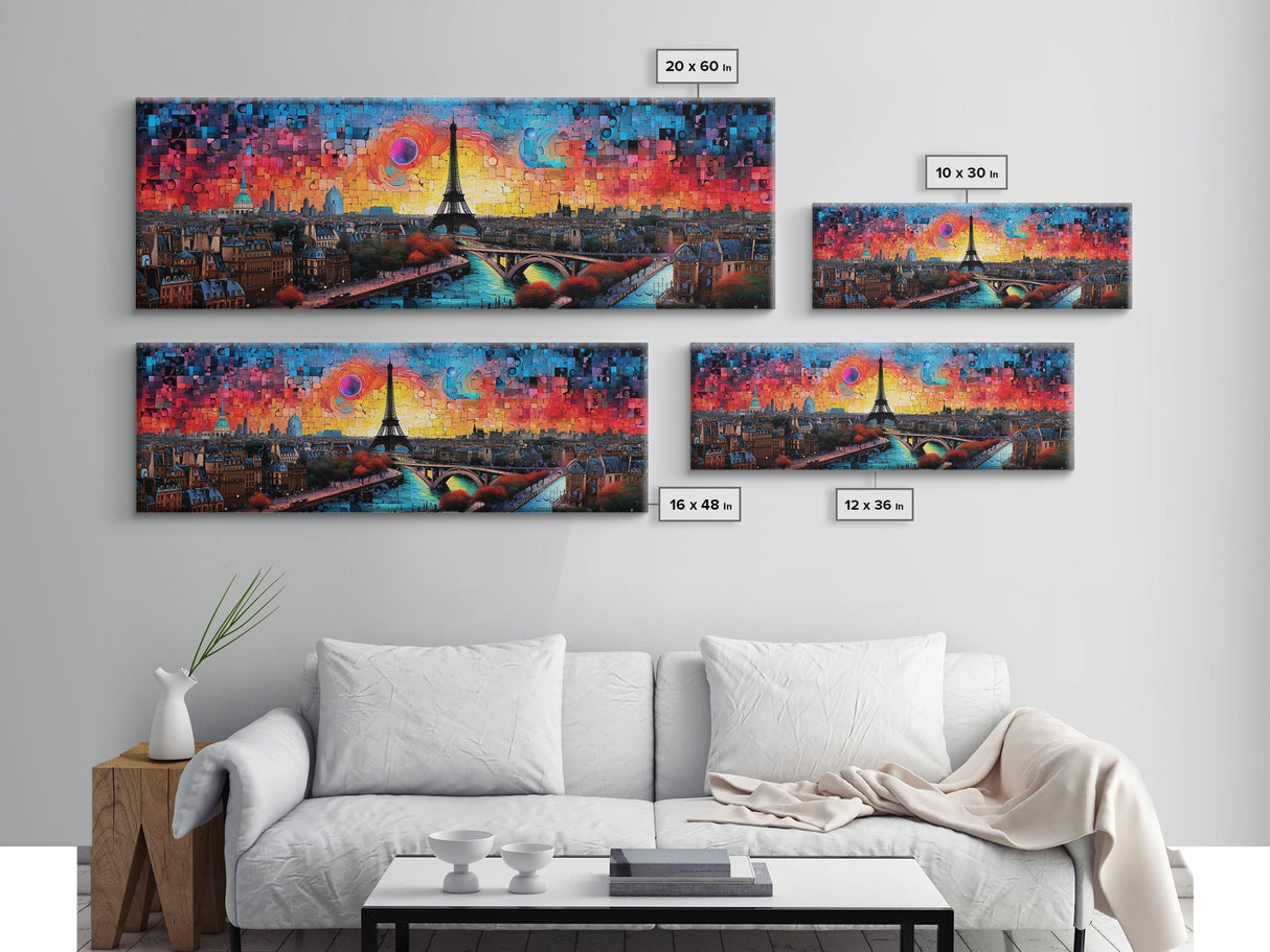 Jigsaw Abstract Paris France Panoramic Framed Canvas Print, Van Gogh Inspired Original Painting, Colorful Wall Art