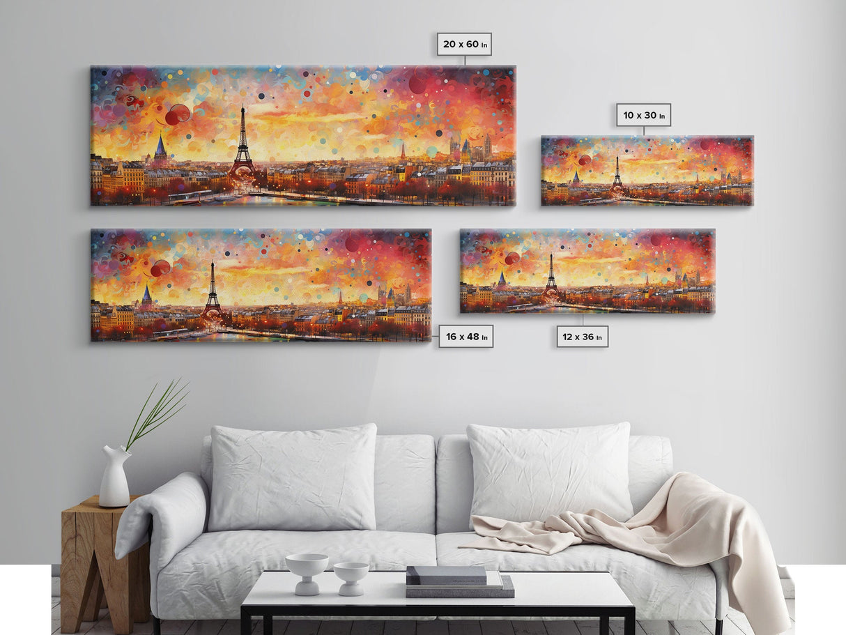Eiffel Tower Abstract Paris France Panoramic Framed Canvas Print, Van Gogh Inspired Original Painting, Colorful Wall Art