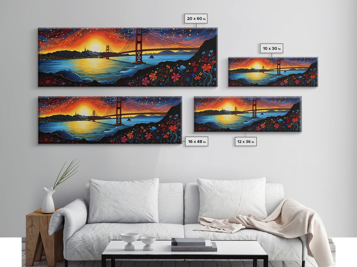 Golden Gate Bridge San Francisco Abstract Panoramic Framed Canvas Print, Van Gogh Inspired Original Painting, Colorful California Wall Art