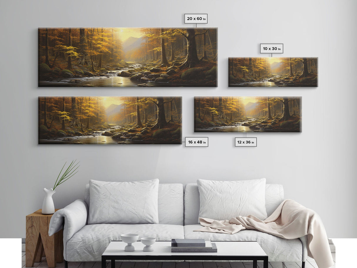 The Forest In The Fall, Fall Centerpiece, Panoramic Painting Framed Canvas Print, Fall Decor, Orange Leaves Falling In The Forest