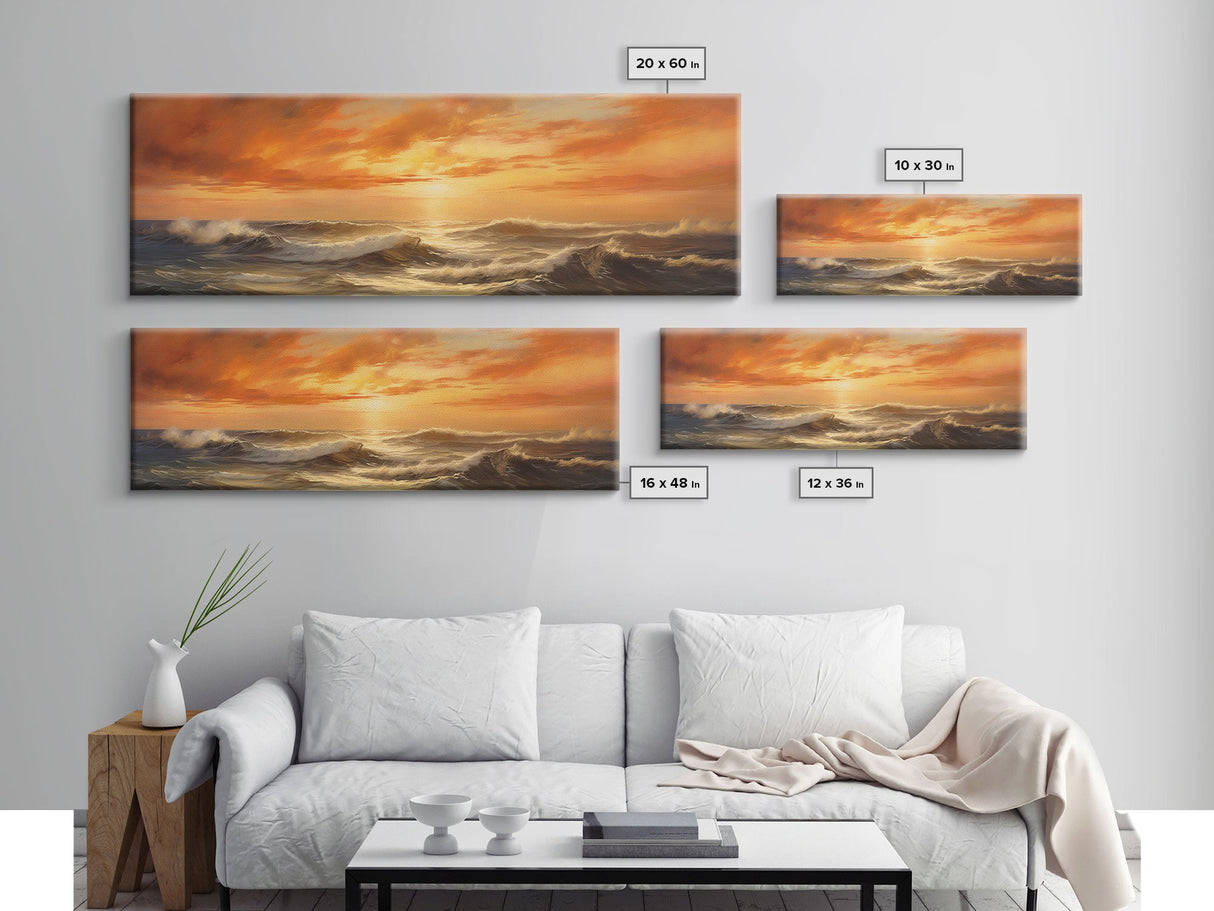 Framed Wall Art Print Set Sunset Horizon on Beach Shore Nature Ocean Oil Painting Nautical Scenic Colorful Multicolor Ultra