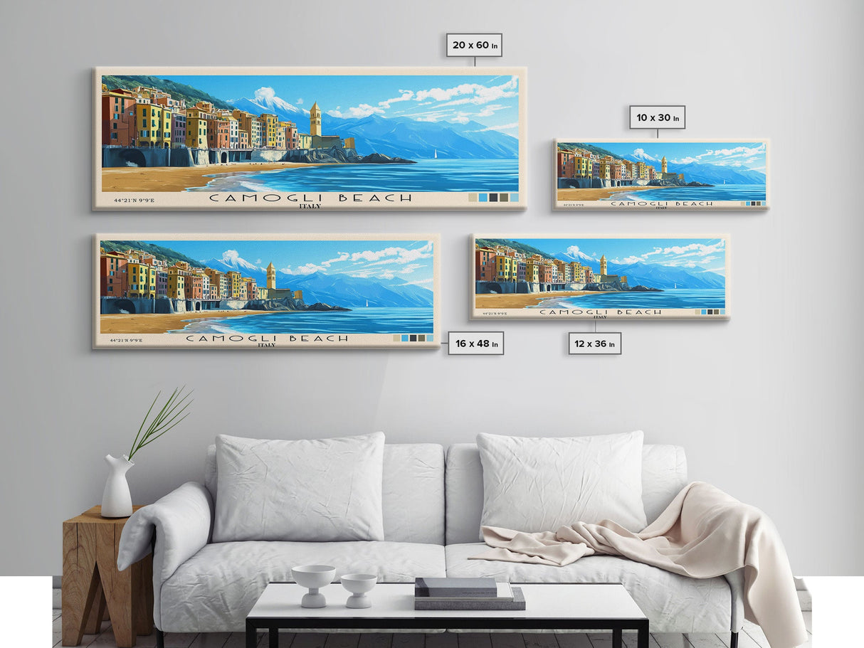 Camogli Beach, Italy Panoramic Beach Print, Vacation Gift, Italy Wall Art, Beach Painting, Beach Decor, Beach Painting