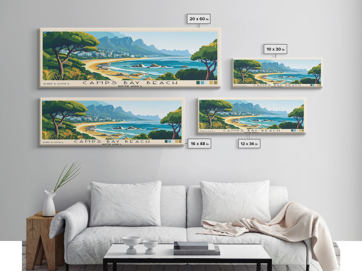 Camps Bay Beach, South Africa Panoramic Beach Print, Vacation Gift, South Africa Wall Art, Framed Canvas Print, Framed Beach Painting