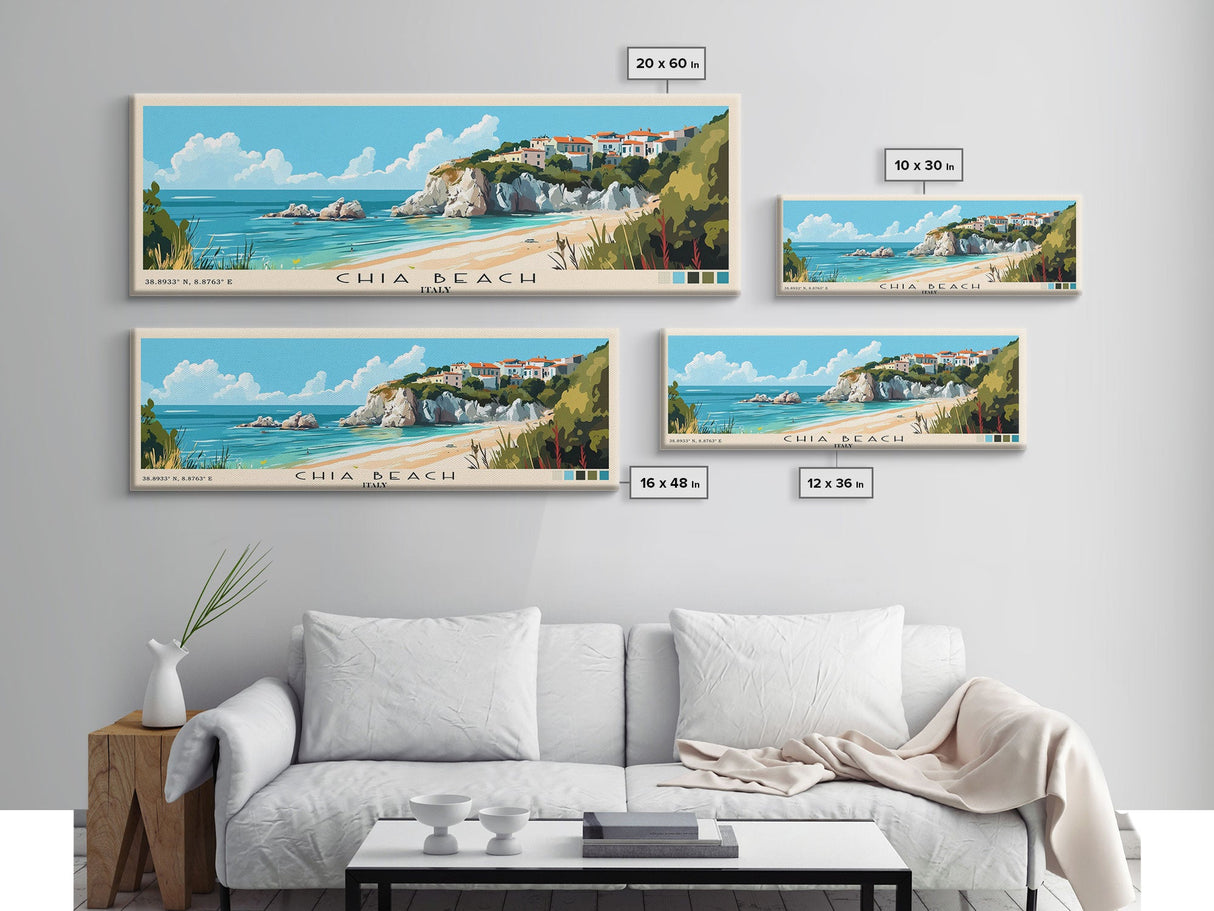 Chia Beach, Italy Panoramic Beach Print, Vacation Gift, Italy Wall Art, Framed Canvas Print, Framed Beach Painting