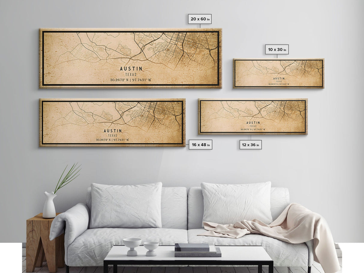 Panoramic Austin Map Print Canvas or Poster, Texas Map Art, Texas Map Print, Vintage Texas Map Framed Art, Retro / Distressed Office Art