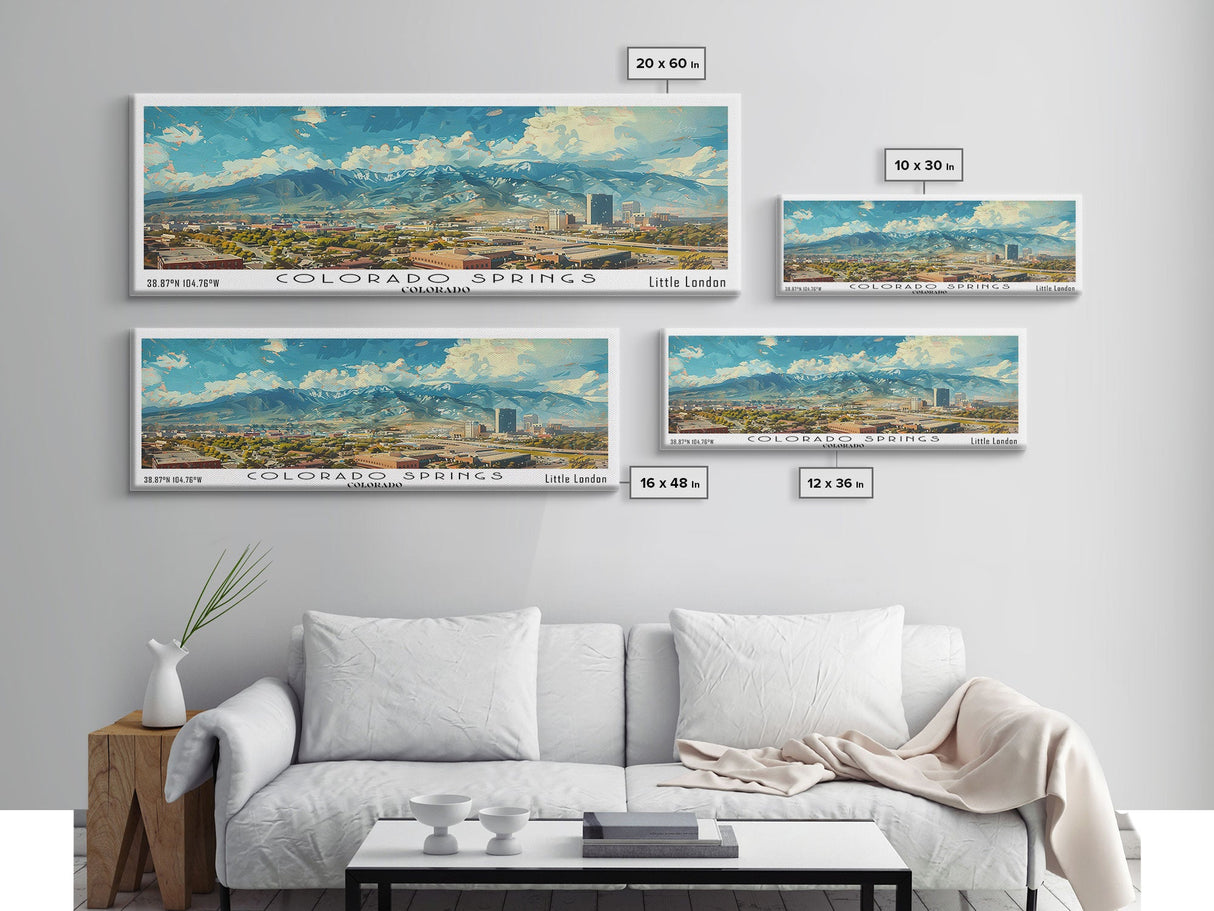 Colorado Springs Colorado Panoramic Watercolor Painting Framed Canvas Print, Travel Poster Art, Mountain Cityscape, Living Room Decor, Wall Art, Office Decoration, Colorado Gift