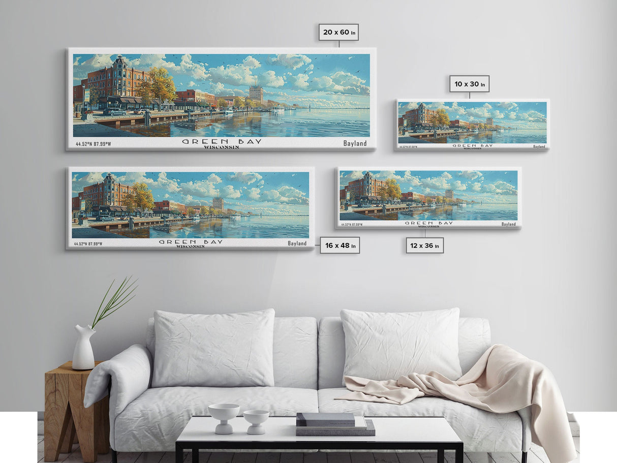 Green Bay Wisconsin Panoramic Watercolor Painting, Urban Framed Canvas Print, Cityscape Wall Art for Office, Travel Decor, Home Gift Idea