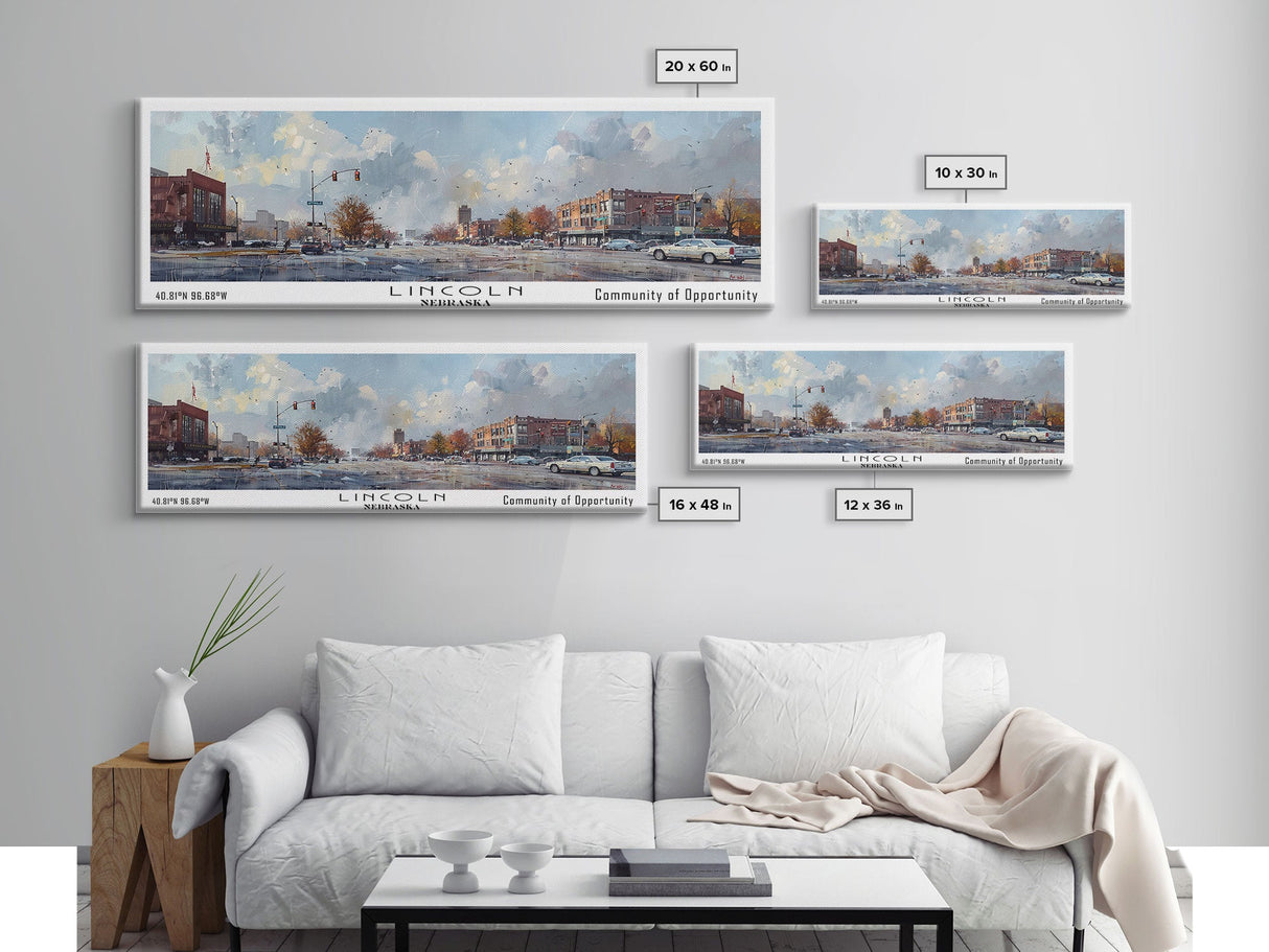 Lincoln Nebraska Panoramic Watercolor Cityscape, Framed Canvas Print for Living Room, Office Wall Art, Urban Decor, Travel Poster