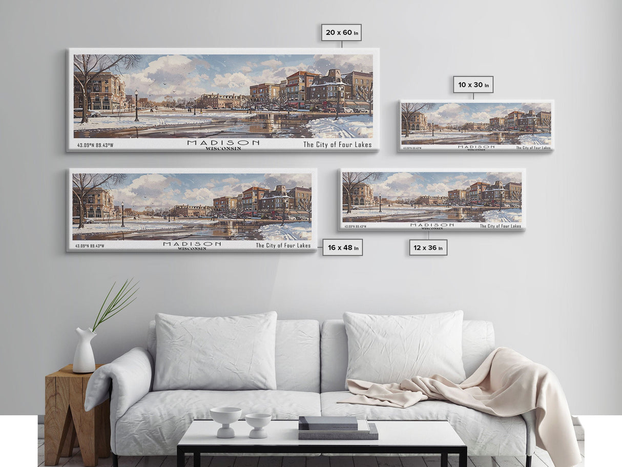 Madison Wisconsin Panoramic Watercolor Cityscape, Framed Canvas Print for Living Room, Office Wall Art, Urban Decor, Travel Poster