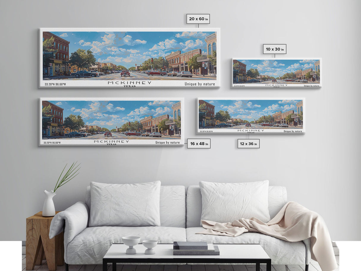 McKinney Texas Panoramic Framed Canvas Print, Beautiful Watercolor Art, Perfect Office Wall Decor, Living Room Art, Travel Poster, City Print