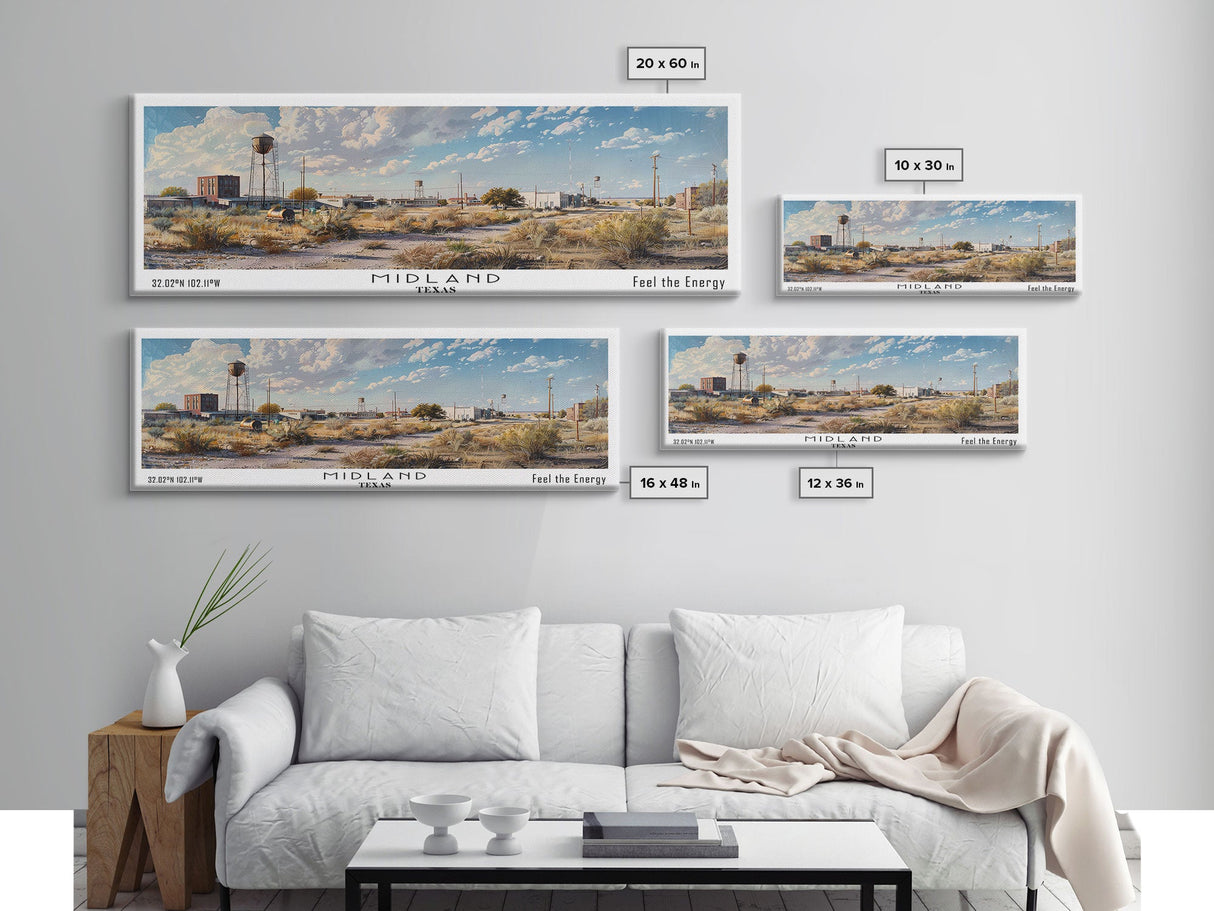 Midland Texas Panoramic Framed Canvas Print, Stunning Watercolor Painting, Office Wall Art, Travel Poster, Home Decor, City Art, Gift Idea