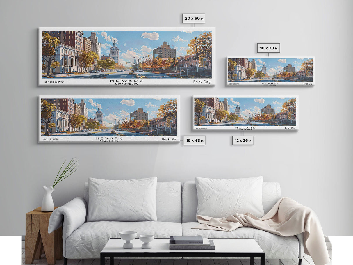 Newark New Jersey Panoramic Framed Canvas Print, Watercolor City Art, Office Wall Decor, Travel Poster, Living Room Decor, City Art