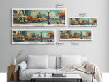 Boston Massachusetts Panoramic Wall Art, Mid Century Modern Framed Canvas Print, Retro Pop Art Travel Poster, Office Art, Living Room Decor