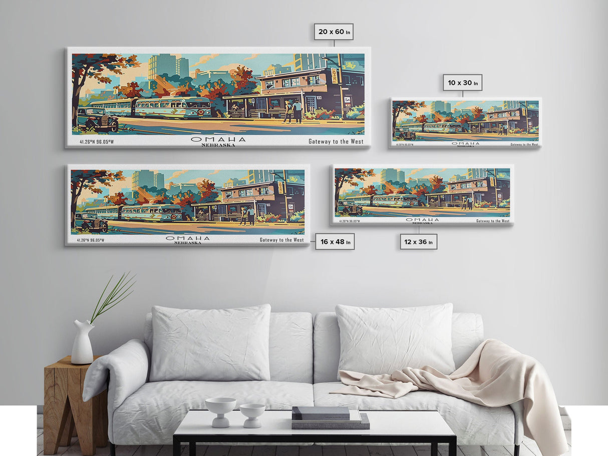 Omaha Nebraska Panoramic Painting, Mid Century Modern Framed Canvas Print, Retro Pop Art Travel Poster, Living Room Art, Home Decor, Office Wall Art, Vintage Style