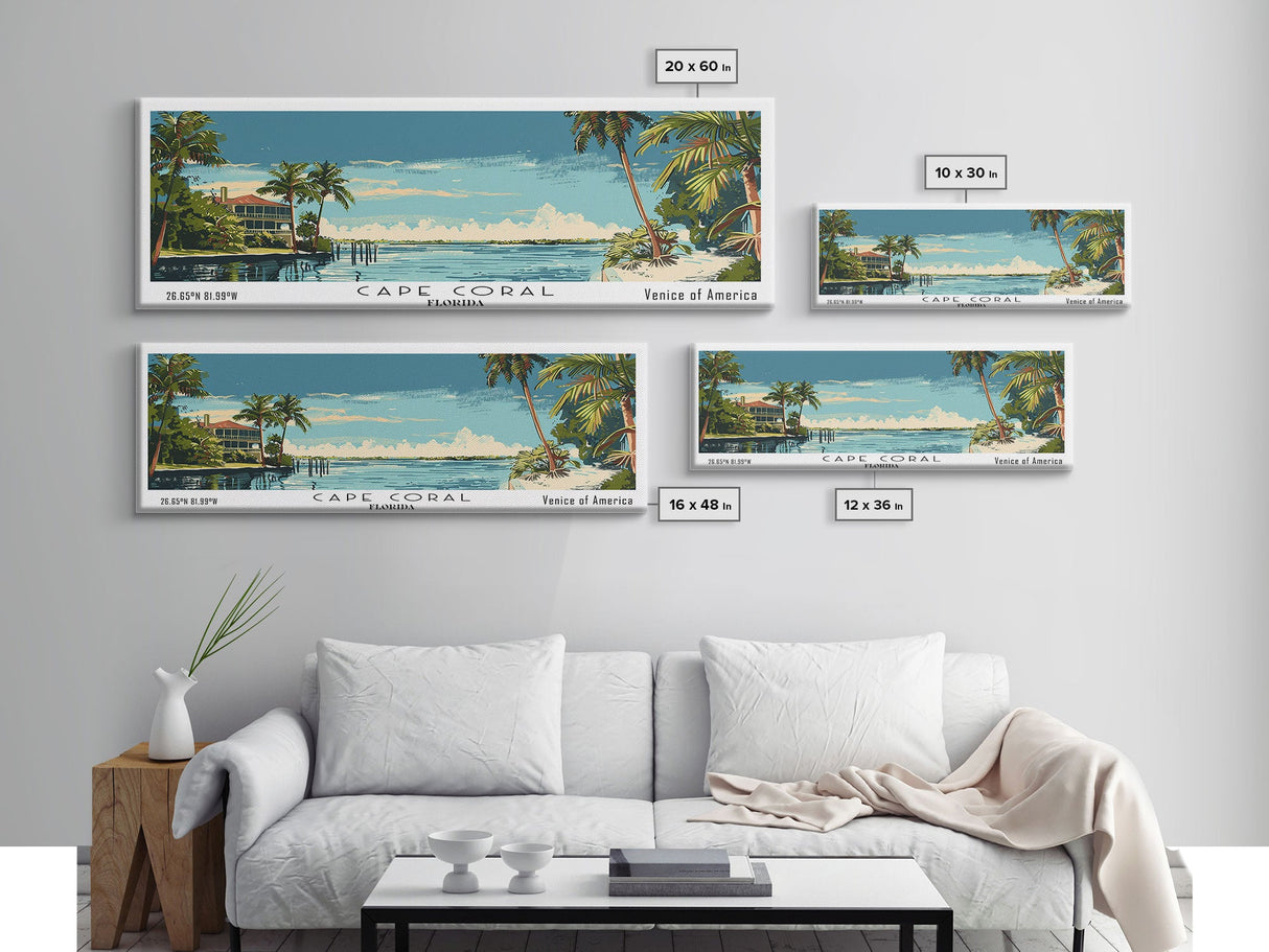 Cape Coral Florida Panoramic Painting, Mid Century Modern Framed Canvas Print, Retro Pop Art Travel Poster, Home Decor, City Print