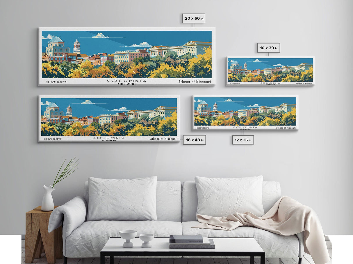 Columbia Missouri Panoramic Wall Art, Mid Century Modern Framed Canvas Print, Retro Pop Art Travel Poster, City Home Decor, Office Wall Art