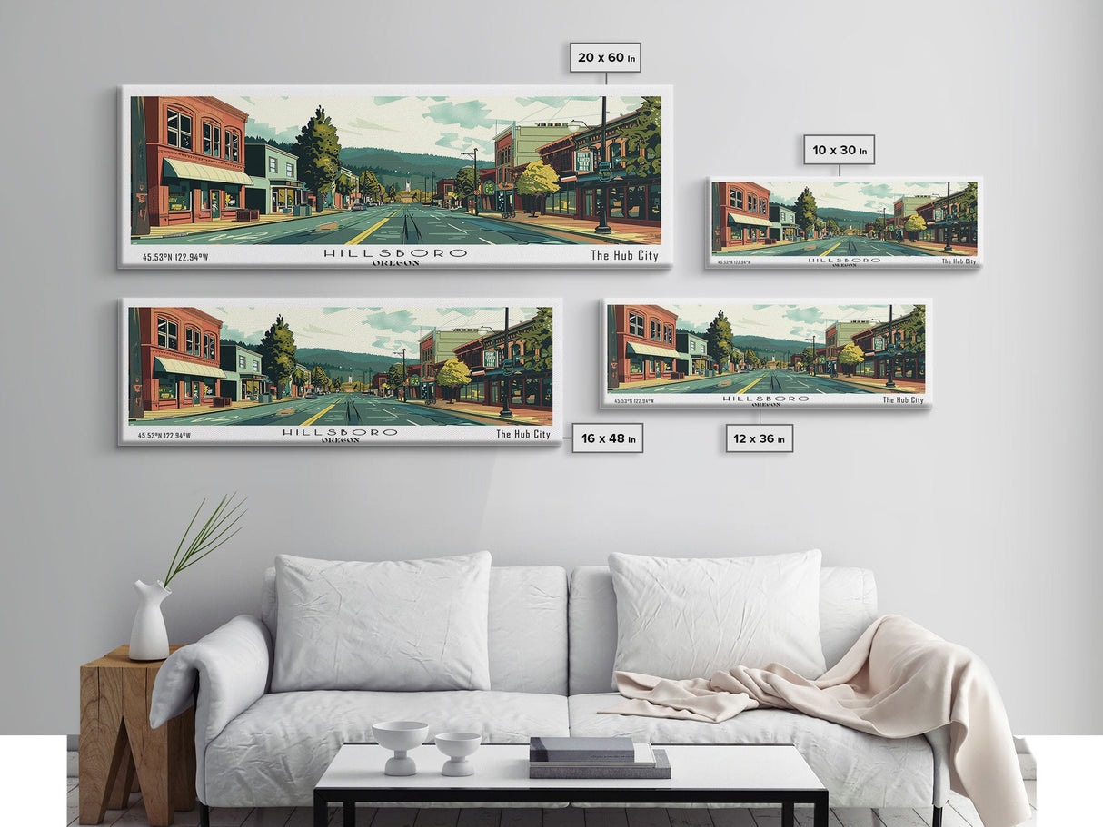 Hillsboro Oregon Panoramic Painting, Mid Century Modern Framed Canvas Print, Retro Pop Art Travel Poster, Office Wall Decor