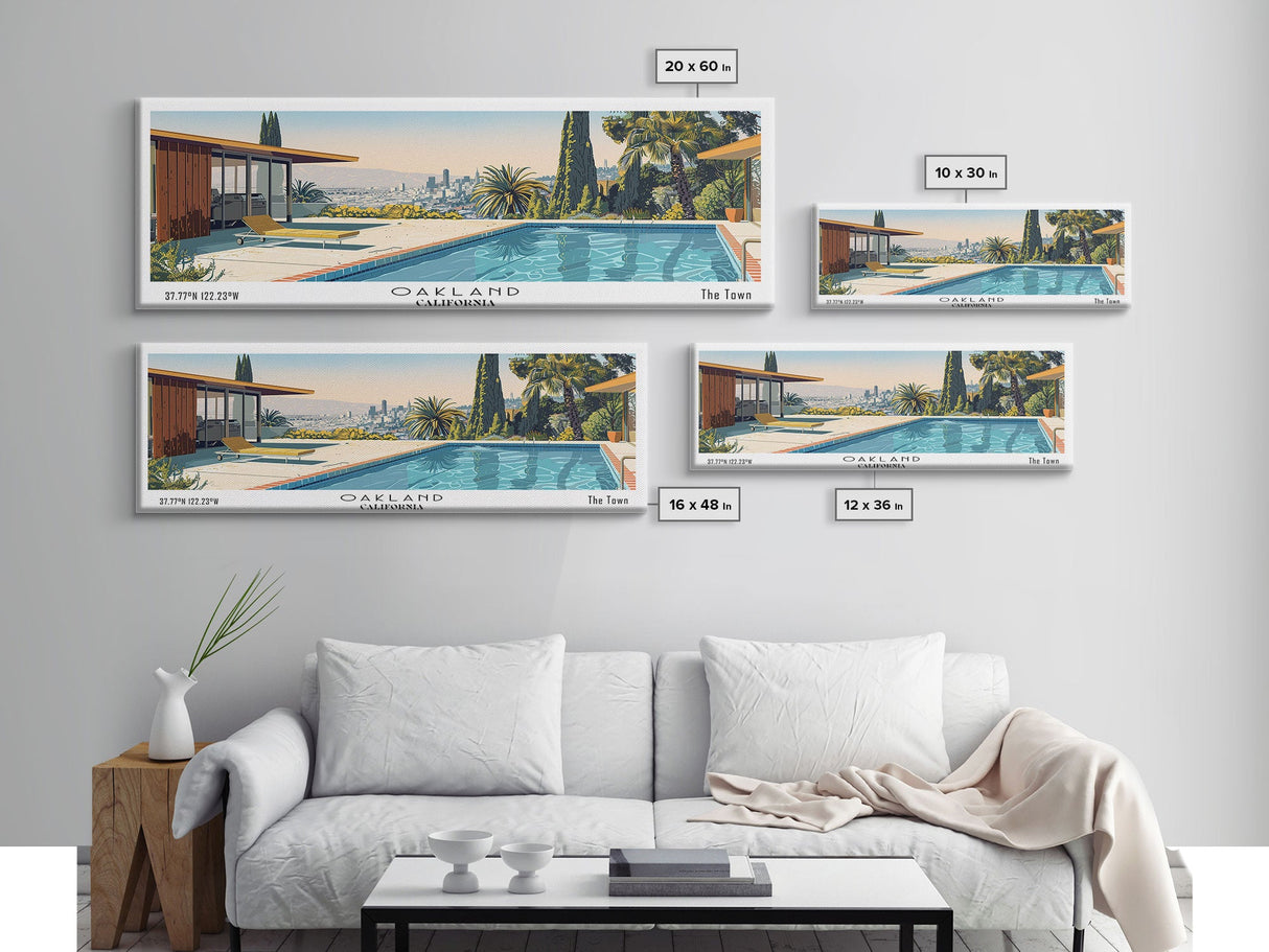 Oakland California Panoramic Painting, Mid Century Modern Framed Canvas Print, Retro Pop Art Travel Poster, City Art, Office Wall Decor, Living Room Art