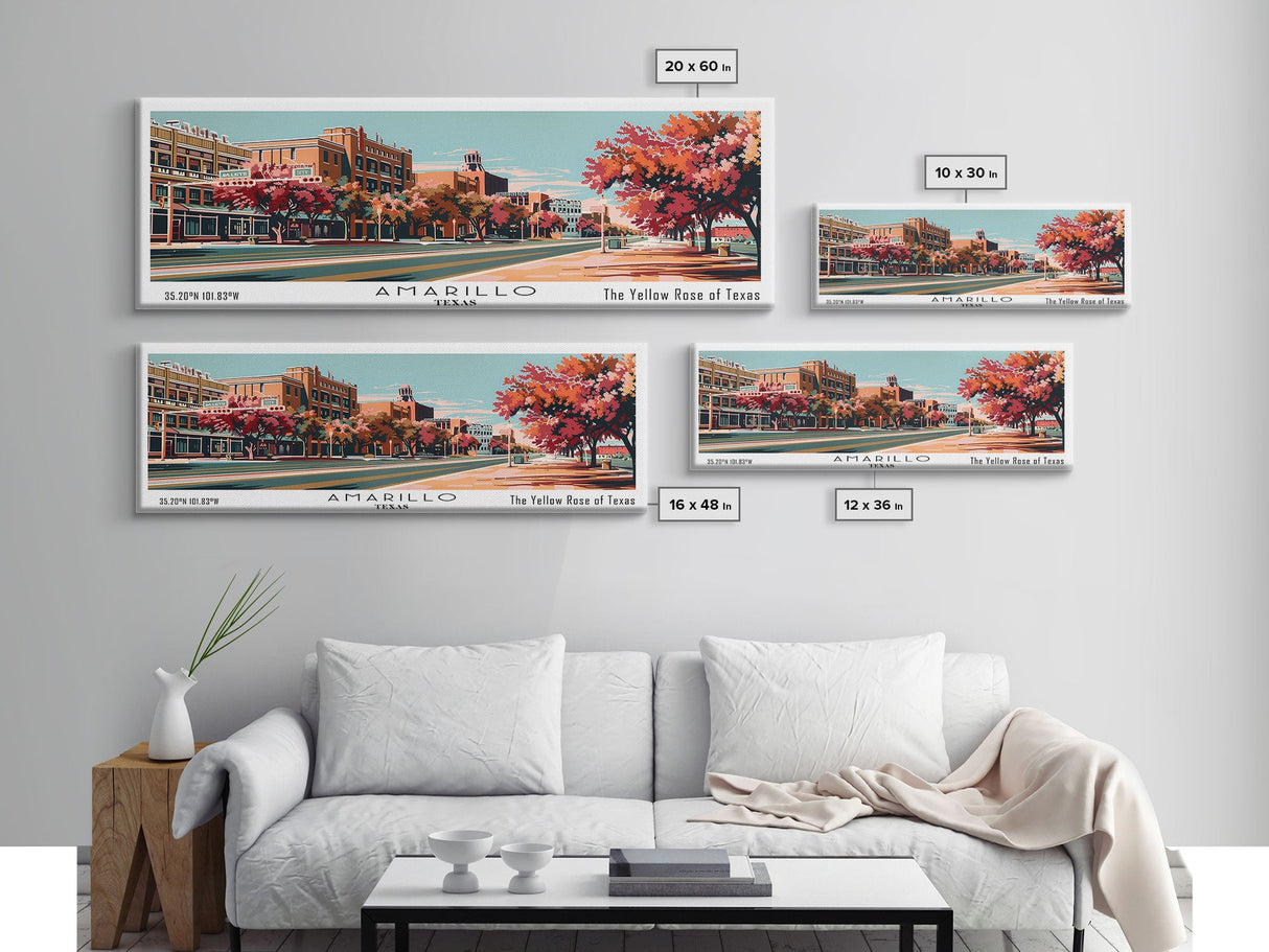 Amarillo Texas Panoramic Painting, Framed Canvas Print, Mid Century Modern Wall Art, Retro Pop Art Travel Poster, Home Decor, City Art