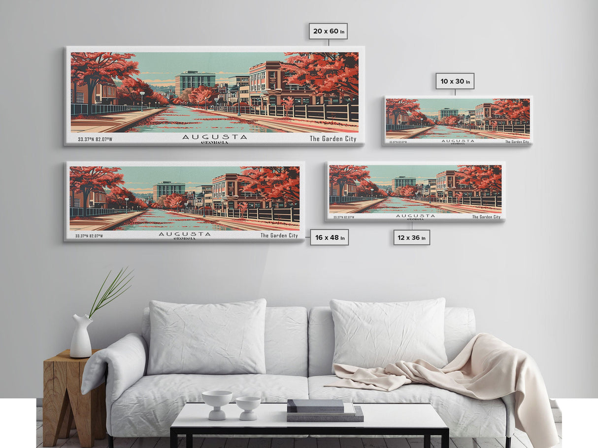 Augusta Georgia Panoramic Painting, Framed Canvas Print, Mid Century Modern Wall Art, Retro Pop Art Travel Poster, Living Room Decor, City Art
